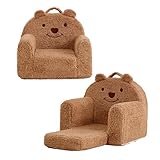 Kisdsa Toddler Chair,Sherpa Bear Toddler Couch Fold Out,Children Reading Chair,Flip Out Kids Couch,Kids Sofa Convertible for Age 1-3(Brown Bear)