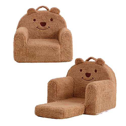 Kisdsa Toddler Chair,Sherpa Bear Kids Chair,Toddler Couch Fold Out,Children Reading Chair,Flip Out Kids Couch,Toddler Sofa Convertible for Age 1-3(Brown Bear)