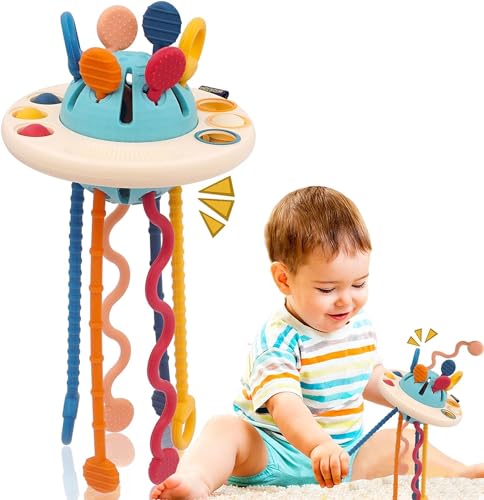 Image of Kidology Pull String Toy for Babies Teething Strings Sensory Montessori Toys Baby Girl,Travel Toy for 6+Months Boy Food Grade Silicone Fine Motor Skills Toy for Toddlers (UFO), Multicolor