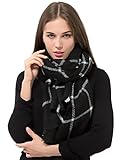 Dimore Women Thick Warm Blanket Fringe Scarf Wrap Square Tartan Scarves Shawl Checked Pashmina Black/White