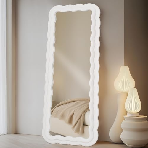 LunaMirror Miroir intégral avec pied et cadre ondulé - Miroir mural incliné pour chambre à coucher et hall d’entrée, 160 x 60 cm - Ivoire