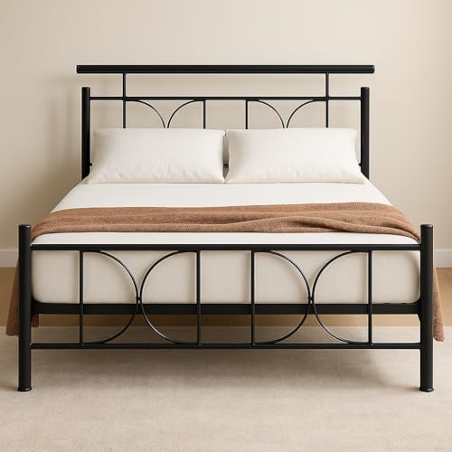 Image of Mexo Metal Queen Size Bed Without Storage | Wrought Iron Double Bed with Headboard & Footboard | Sturdy Powder Coated Platform Bed Queen Size Cot for BedroomLivingRoom Black (75x60)