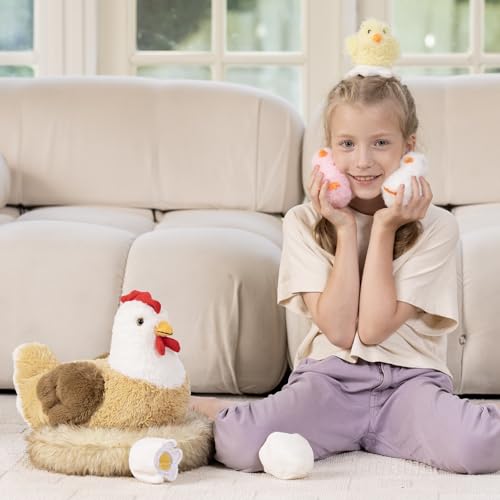 Image of Chicken Stuffed Animal with Chicks, 14 inch Hen Plush Toy, White