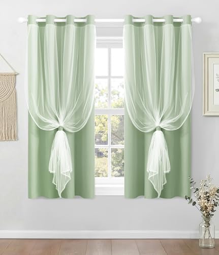 Image of 100% Blackout Curtains with Sheer Overlay, Sage, 52 x 63 inch, 2 Panels | For Bedroom Living Room Window, Room Darkening, Thermal Insulated, Grommet Top, Summer Heat Blocking, Double Layer Design