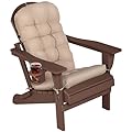 LOENIY Adirondack Chair with Cushion & Cup Holder, HDPE Folding Adirondack Chair with Wood-Like Grain Outdoor Fire Pit Chairs for Patio/Porch/Swimming Pool/Camping (Brown)