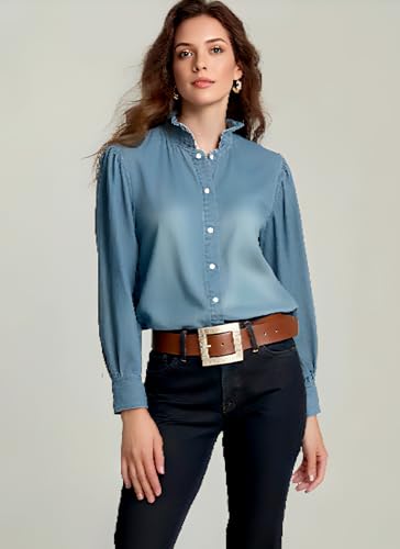 Womens Blue Ruffled Collar Denim Shirt Trendy Snap Fastener Long Sleeve Tops 2025 Fall Western Cowboy Style Tops3