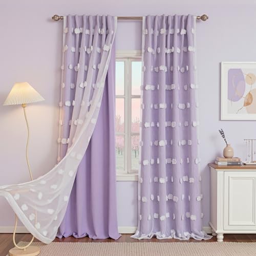 MYSKY HOME Lilac Curtains for Girls Bedroom Nursery Curtain with White Pom Pom Sheer Living Room Window Drapes Back Tab Room Darkening Double Layer 84 Inches Length 2 Panels Light Purple W52 X L84