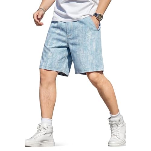 Heyfanee Mens Baggy Jean Shorts Loose Fit Long Denim Shorts 9 Inch Inseam Light Blue 34