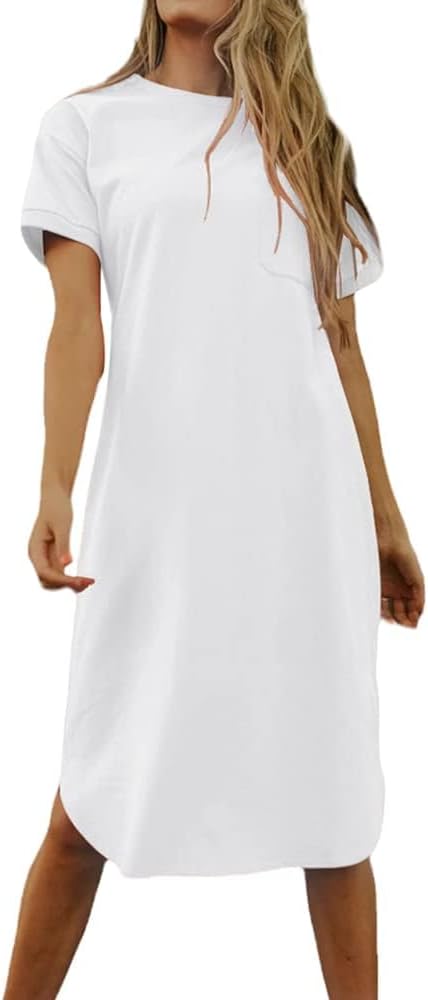 Dyexces Summer Dress for Women Crew Neck Short Sleeve Solid Basic T-Shirts Casual Midi Dresses with Pocket