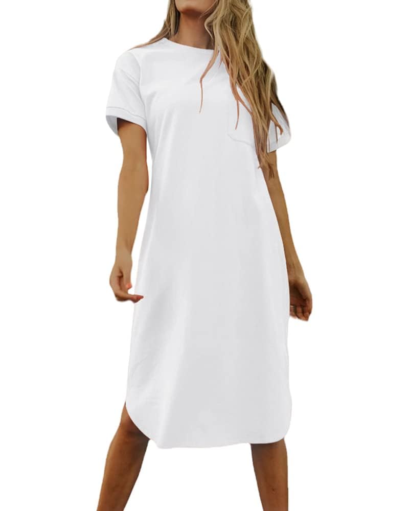 Imily Bela Dame Tshirt Kleid Sommer Shirtkleid Baumwolle Kurzarm Rundhals Minikleider Freizeitkleid mit Taschen.