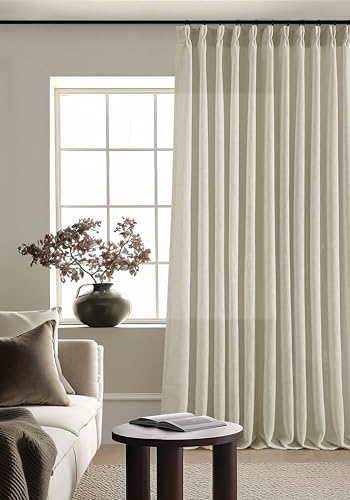 Image of Pinch Pleated Extra Wide Curtain Panels 120 Inches Long 70 Inch Wide Linen Curtain for Patio Sliding Glass Door Beige Hooks Rings Semi Sheer Privacy 120 Inch Length for Living Room 70x120 1 Panel