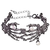 Timemory Adjustable Halloween Skull Hand Bracelets Skeleton Hand Bangle, Bling Crystal Rhinestone Bracelet Bangle for Men Women (Black)