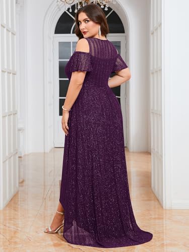 Image of ZOMVA Plus Size Sparkly Mesh Maxi Dress Cold Shoulder Ruffle Sleeve High Low A Line Dresses Wedding Guest Cocktail Party