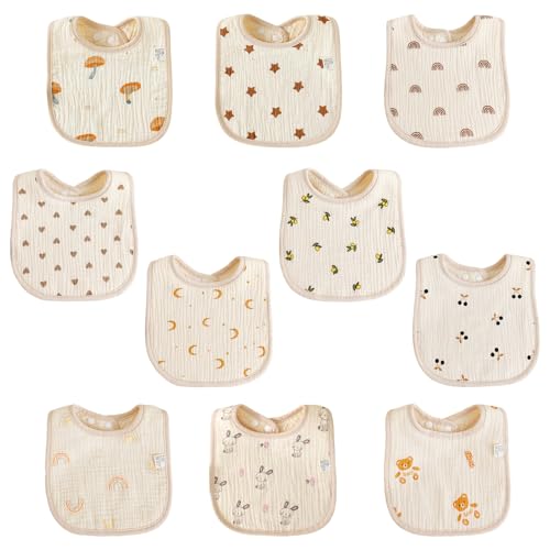 HEUIOP 10 PCS Newborn Bibs Soft Cotton Baby Teething Bibs Soft and Absorbent with Adjustable Snaps for Infant Toddler Boys Girls One Size