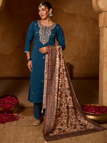 Image of Naixa Women's Silk Embroidery Straight Kurta with Pant | Cream Chanderi Cotton Printed Dupatta Set | 3 /4 Sleeve | Round Neck | Festive | Ethnic Wear (Available in Plus Size)