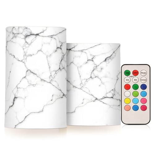 Image of Flickering Flameless Candles, White and Black Marble LED Candles with Remote Timer, Set of 2 Battery Operated Candle for Valentine Wedding Birthday