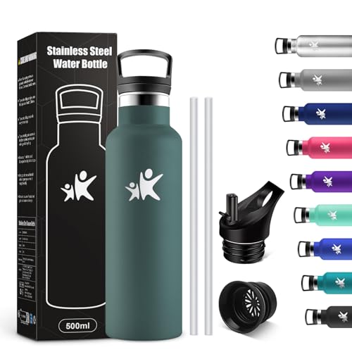 KollyKolla Thermosflasche 500ml, Trinkflasche Kohlensäure Geeignet, Auslaufsicher Wasserflasche mit Strohhalm, BPA-Frei, Isolierflasche Doppelwandig, Wasserflasche für Schule, Camping, Reisen