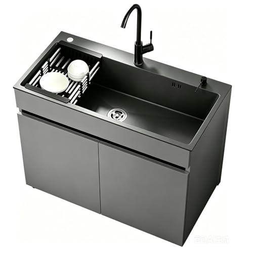 Évier de Jardin 80cm avec Meuble en Aluminium Alvéolaire, Évier Cuisine Extérieure en Acier Inox avec Mitigeur et Distributeur de Savon, Station de Lavage...