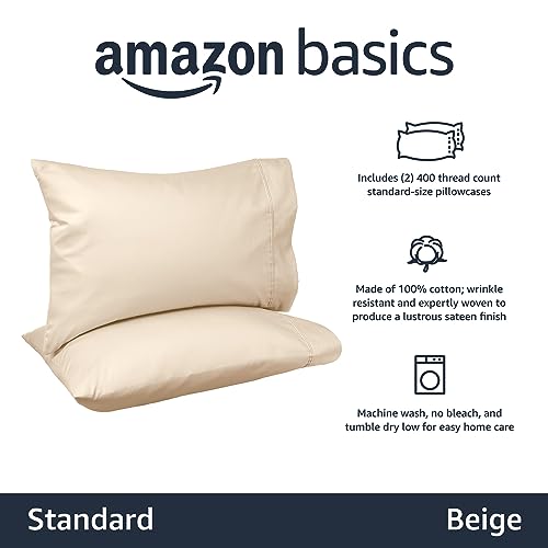 Amazon Basics 400 Thread Count Cotton Pillow Cases, Standard Size, 30" x 20", Beige, Set of 2, Pillows Not Included - image 2