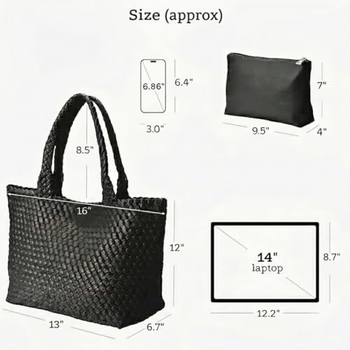 Image of Woven Tote Bag for Women, Large Vegan Leather Tote with Inner Pouch | Soft Woven Texture,Relaxed Style,Shoulder Tote Bag,Unstructured Tote,Casual Woven Handbag,Open Interior,Removable Pouch