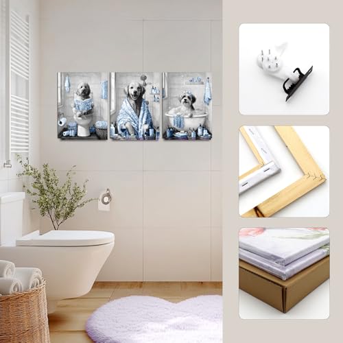 Image of sechars Funny Dogs Bathroom Wall Art Grey and Blue Bath Decor Cute Animal Painting Canvas Print (Blue)