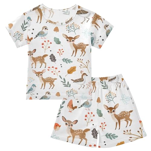 ALAZA Deer Bird Leaves Watercolor Pajamas Short Sleeve 2 Piece Sleepwear Top and Bottom Pajama Set Unisex