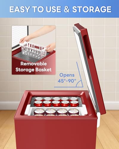 Image of Electactic 3.5 Cu.Ft Chest Freezer, 7-Grade Ultra-Low Temperature (-40F-12F), Small Deep Freezer with Removable Basket Free Standing Top open Door Perfect for Home Dorm, Office,Bar, Kitchen (Red)