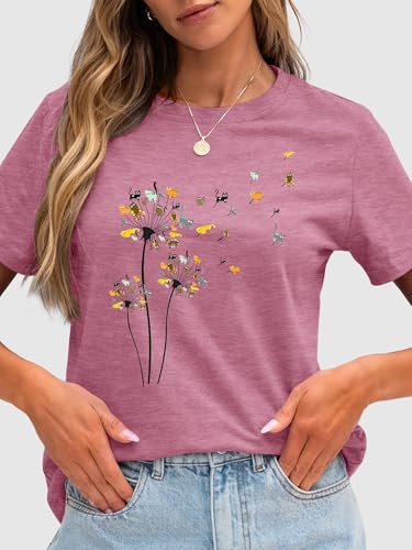 Image of Anbech Womens Dandelion Graphic T-Shirts Teen Girls Cute Sunflower Print Casual Tee Tops