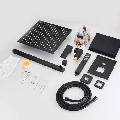 BWE 12 Inch Black Shower System Faucet Waterfall Tub Complete with Matte Spout Set Square Luxury Rain Mixer Pressure Balancing 3-Function Wall Mount Rainfall Rough-in Valve Body and Trim Included by BWE - Image 7