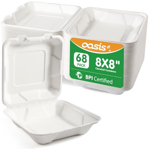 OasisSN 8x8 Inch 68 Pack Compostable Clamshell Take Out Food Containers Disposable Paper To Go Boxes with Lids Heavy Duty Sugarcane Bagasse Containers for Meals & Takeout White