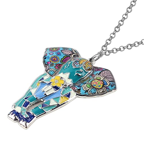 Bonsny Signature Africa Wildlife Collection Sunrise Jungle Safari Wild Elephant Large Statement Enamel Pendant Necklace (Blue) #TOP3