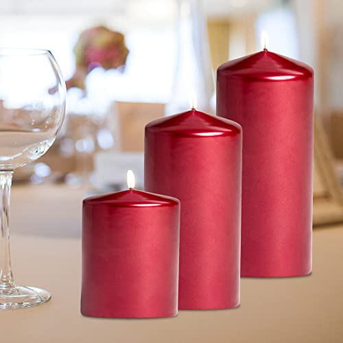 Metallic Cone Top Pillar Candles By Bask - Set Of 3 - 3" X 6" Dripless Unscented Holiday Candles In Metallic Burgundy For Home Decor, Relaxation & All Occasions #TOP7