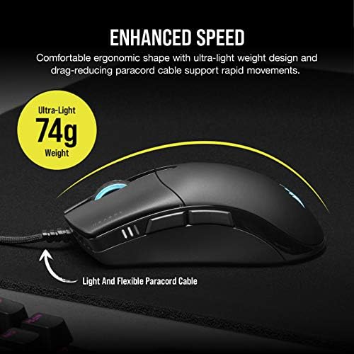 Corsair SABRE RGB PRO CHAMPION SERIES Gaming Mouse (Ergonomic Shape for Esports and Competitive Play, Ultra-Lightweight 74g, Flexible Paracord Cable, CORSAIR QUICKSTRIKE Buttons with Zero Gap) Black