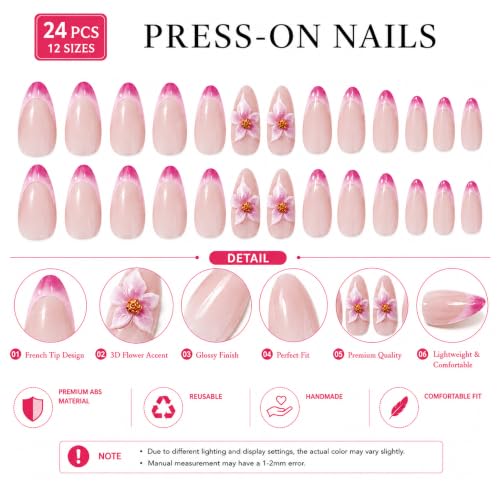 Image of Secret Lives Pink French Tip Press-On Nails, Nude Pink Almond Fake Nails with 3D Flower Golden Accents Artificial Nail Art, 24-Piece Set with Kit