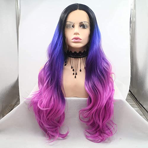 Colour Blue Ombre Dark Purple Rose Red Synthetic Lace Front Wigs for Women 4 Tone Color Heat Resistant Party Cosplay Drag Queen Wigs (Colour Blue Ombre Dark Purple Rose Red) - Image 2