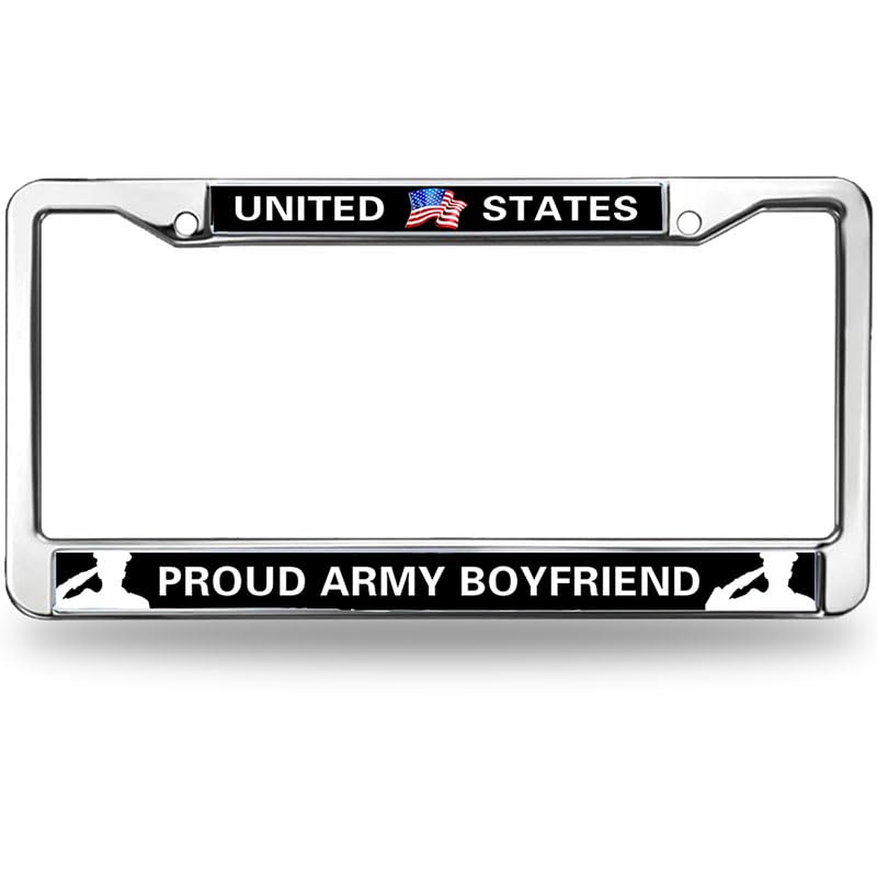 Image of Proud Army Boyfriend 2-Holes Stainless License Plate Frame,Proud US Army Polish White Stainless Steel License Plate Frame with Screws Caps Sets