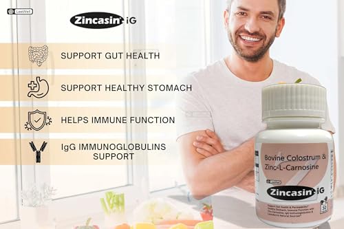 Image of Zincasin -iG Zinc L Carnosine Complex with Bovine Colostrum Powder 500mg | for Intestinal Permeability Support, Stomach Lining, Immunity Booster, Digestive Tract | Leaky gut | Gut Health supplements - 30 Vegetarian Capsules