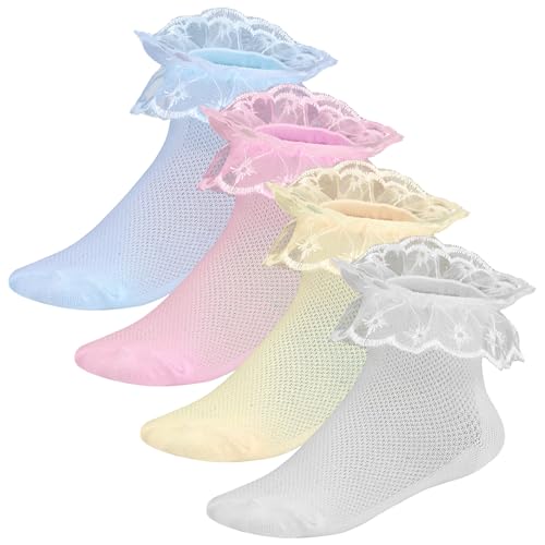 4 Pairs Girls Ruffle Socks, Double Lace Frilly Turn Cuff Socks, Toddler Pageant Dress Socks (White, Pink, Yellow, Blue)