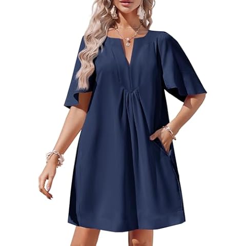 Wenrine Womens Flutter Short Sleeve Mini Dress Casual V Neck Loose Flowy Summer Dresses Navy Cover