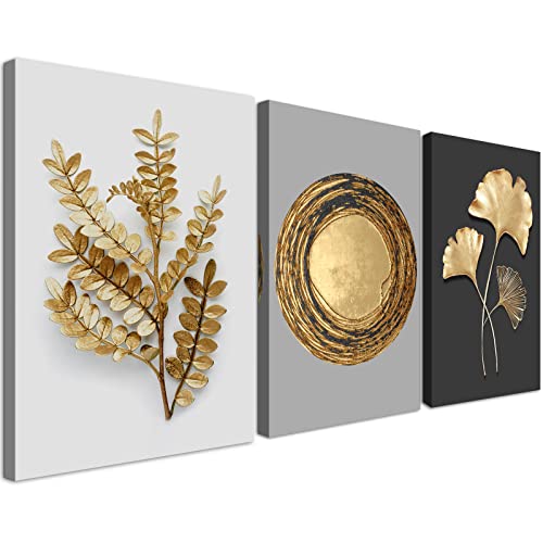 Large Modern Gold Ginkgo Biloba Leaf Wall Art Decor, Vintage Golden Record Artwork Grey Black Background Canvas Print Paintings For Living Room Bedroom Home Decoration 16"X 24" 3 Pieces Framed #TOP12