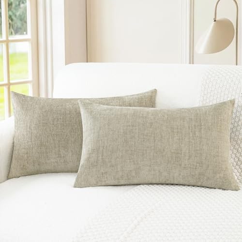 Image of CaliTime Pack of 2 Cozy Bolster Pillow Covers Cases for Couch Sofa Home Decoration Solid Dyed Soft Chenille 12 X 20 Inches Light Taupe