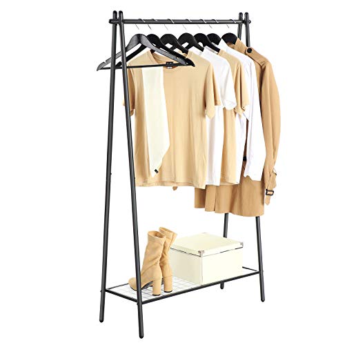 SONGMICS Kleiderständer, Garderobe, Garderobenständer, Kleiderablage, Stahlrahmen, mit Stange und Regal, 33,5 x 92,5 x 153 cm, für Schlafzimmer, Garderobe, Waschküche, Mattschwarz HSR23BK