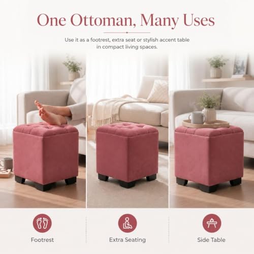 Image of Velvet Cube Ottoman | Seating Stool for Living Room | Soft Cushioned Footrest Stool with Durable Plastic Legs | Multipurpose Seating, Side Table & Pouffe Home Decor, 12x12x14 inch (Gajri)