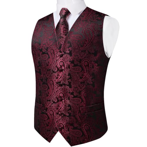 Image of DiBanGu Mens Vest and Tie Set Formal Paisley Waistcoat and Necktie Pocket Square Cufflinks Silk Suit Vest for Tuxedo Wedding