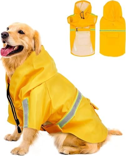 Reflective Strip Dog Raincoat, Ultra - Light Breathable Waterproof Rain Jacket with Hood, Adjustable Sizes for Small/Medium/Large Dogs, (M)