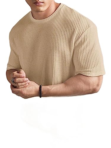 ★PISCESS★Cotton Mesh Slim Fit T-shirt★Brown★大人気★ SheIn Manfinity Homme Men Patched Detail Waffle Knit Tee