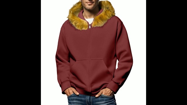 Zip Hoodie Faux Fur Hood Trim Loose Fit Pockets Comfortable Warm