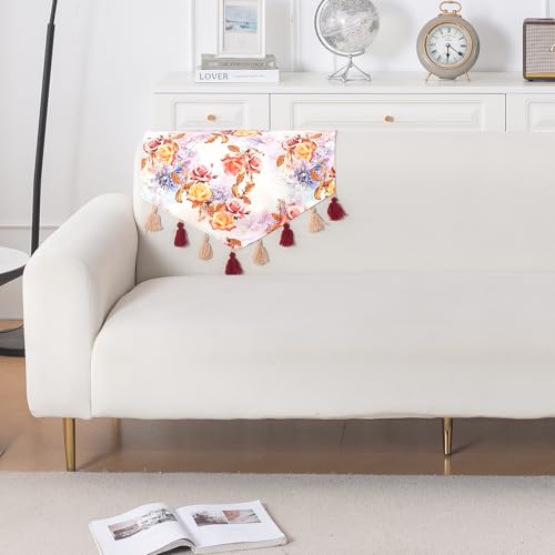 Image of HOKIPO Premium Sofa Backrest Cover Mat | Printed Holland Velvet with Tassels | 'Whispers of Nature' Vintage Rose Bloom (IN-1116-D12)