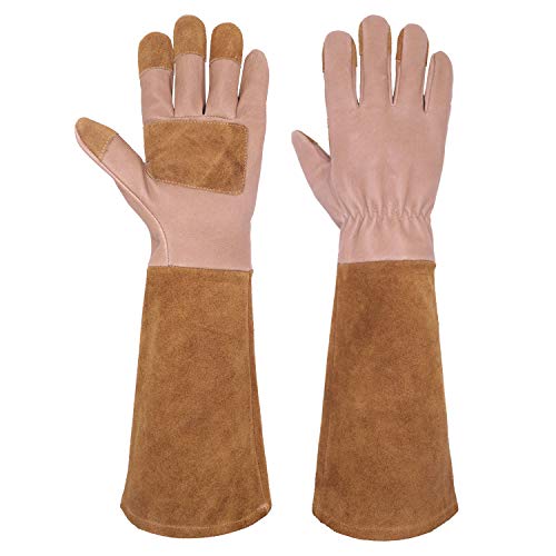 Long Sleeve Leather Gardening Gloves,Puncture resistant,Breathable Pigskin Leather Gauntlet,Rose Pruning Floral Gauntlet Garden Gloves For Women and Men (Large, Brown)