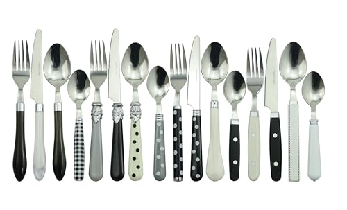 The Original Brink House Eclectic Black & White Mix & Match Stainless Steel Cutlery Set / 16 pieces with Metal Stand/Lifestyle utensils set for home, first apartment, dorm, dinner parties